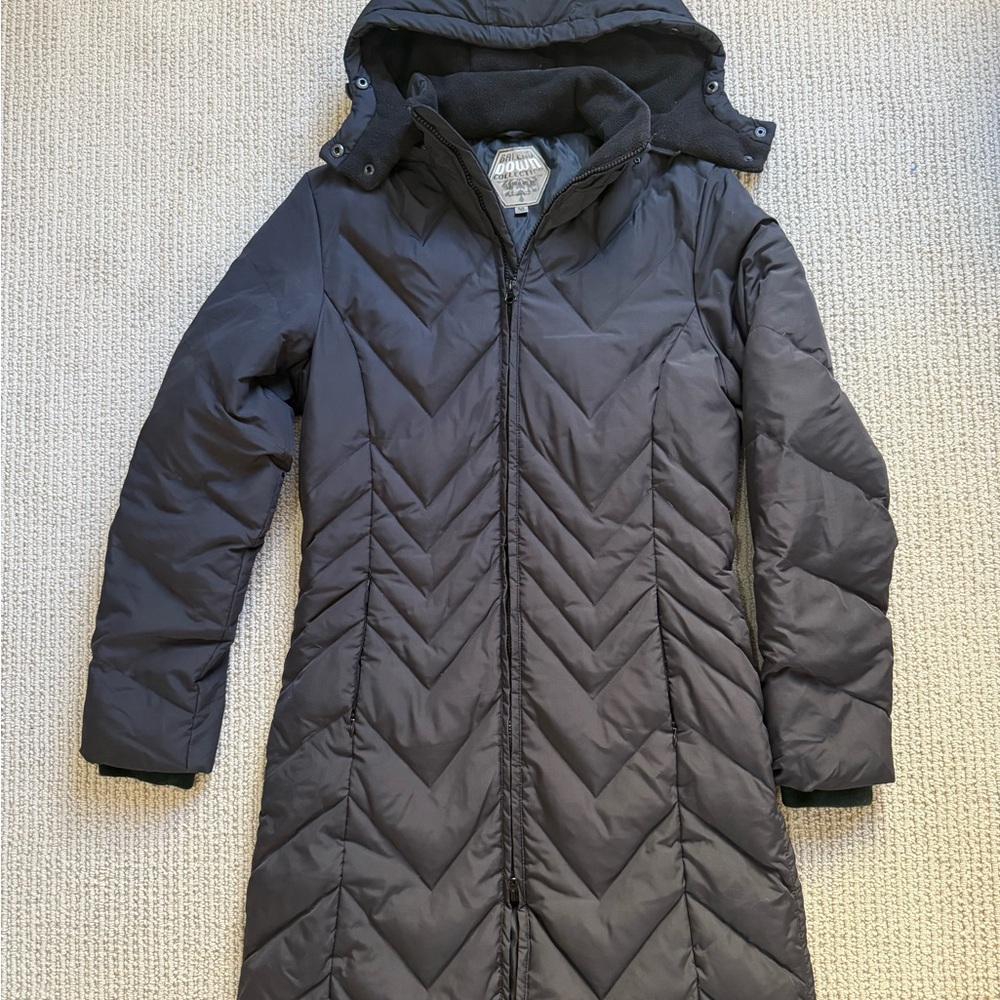 Women's Black Long Puffer Jacket Chevron Quilted Hooded Winter Coat Size Medium